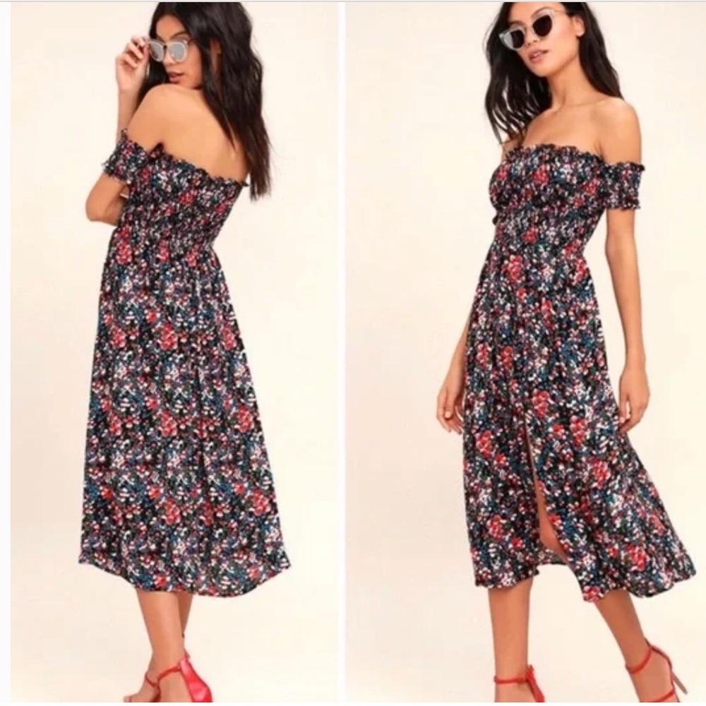 Lulu’s View from the Meadow black floral off the shoulder dress